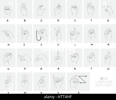 Hand gezeichnete Skizze des Fingers Rechtschreibung das Alphabet in amerikanischer Gebärdensprache, Isolated on White Background. Stock Vektor