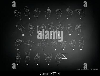 Handgezeichnete Skizze des Fingers Rechtschreibung das Alphabet in amerikanischer Gebärdensprache an schwarzen Tafel. Stock Vektor