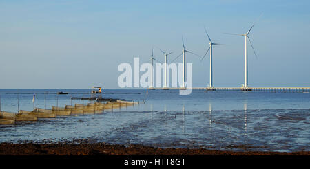 Gruppe Windturbinen Bac Lieu Windkraftanlage im Mekong-Delta, Vietnam. Windmühle am Morgen am Baclieu Meer, saubere Energie für Viet Nam-Industrie Stockfoto