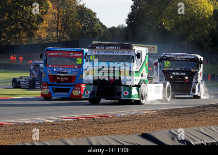 Der Truck Pack einschalten und brüllend um Clearways Ecke in Brands Hatch Rennstrecke mit LKW Nr. 42 voran Stockfoto