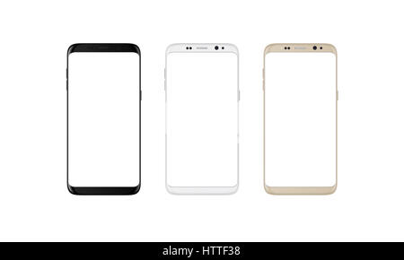 Modernes Smartphone mit abgerundeten Ecken in schwarz, Silber und gold. Weißer Bildschirm für Mockup, isoliert. Stockfoto