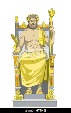 Statue des Zeus (Wunder der Welt) isoliert auf weißem Hintergrund. Digitale Malerei Hintergrund Illustration im Cartoon-Stil-Figur. Stockfoto