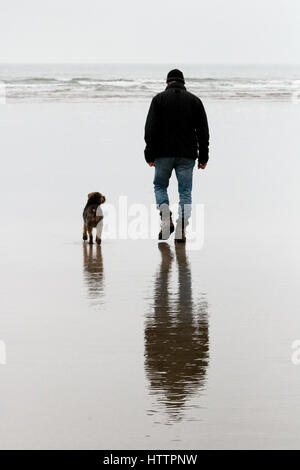 Mann und seine alten Border Terrier Hund wandern entlang dem Strand in Nord-Wales Stockfoto