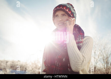 Lächelnde Frau in Winterkleidung am Telefon sprechen Stockfoto