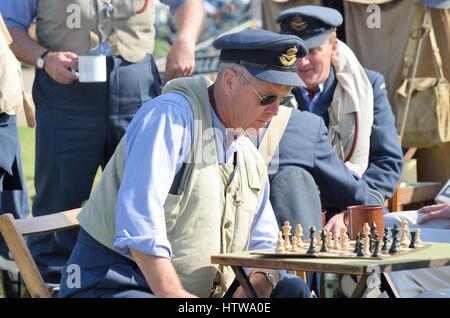 DUXFORD CAMBRIDGESHIRE UK 20 August 2015:Man Konzentration auf Schach Gerangel in Weltkrieg zwei Reenactment in Erwartung Stockfoto