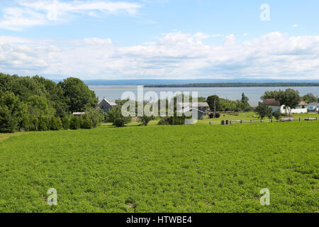 Eine Ansicht Süd über eine Hof-Feld und dem Sankt-Lorenz-Strom von Saint-François-de-l'Île-d'Orléans, Quebec Stockfoto