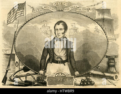 Antike 1854 Gravur, Oliver Hazard Perry. Oliver Hazard Perry (1785-1819) war ein amerikanischer Marine-Kommandant, geboren in South Kingstown, Rhode Island. Er wird am meisten gemerkt für seine heldenhafte Rolle im Krieg von 1812 während 1813 Schlacht von See Erie. QUELLE: ORIGINAL GRAVUR. Stockfoto