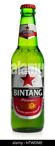 Flasche des indonesischen Bintang Lagerbier isoliert auf weißem Hintergrund Stockfoto