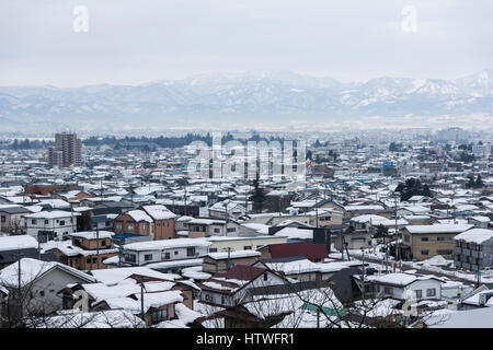 Gesamtansicht der Aizuwakamatsu Stadt, Blick vom Mt.Iimori, Aizuwakamatsu Stadt Fukushima Präfektur, Japan Stockfoto