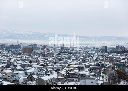 Gesamtansicht der Aizuwakamatsu Stadt, Blick vom Mt.Iimori, Aizuwakamatsu Stadt Fukushima Präfektur, Japan Stockfoto