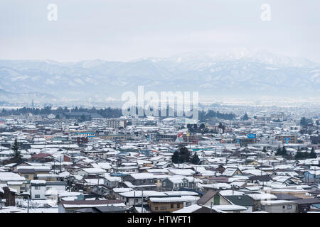 Gesamtansicht der Aizuwakamatsu Stadt, Blick vom Mt.Iimori, Aizuwakamatsu Stadt Fukushima Präfektur, Japan Stockfoto