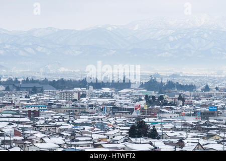 Gesamtansicht der Aizuwakamatsu Stadt, Blick vom Mt.Iimori, Aizuwakamatsu Stadt Fukushima Präfektur, Japan Stockfoto