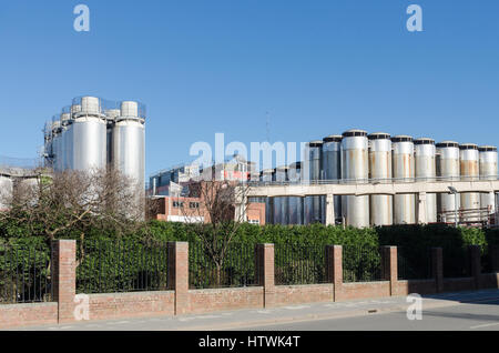 Edelstahl-Lagertanks in der Brauerei Molson Coors in Burton-nach-Trent, Staffordshire Stockfoto