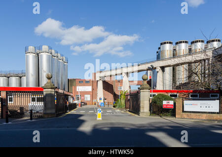 Edelstahl-Lagertanks in der Brauerei Molson Coors in Burton-nach-Trent, Staffordshire Stockfoto