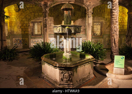 Spanien, Barcelona, Innenhof und Brunnen von Casa de l'Ardiaca (Archdeacon Haus) in der Nacht im gotischen Viertel (Barri Gotic), historisches Archiv der C Stockfoto