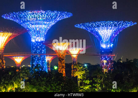 Licht und Musik show namens OCBC Garden Rhapsody, leuchten die Supertrees im Gardens By The Bay Marina Sands, Singapur. Stockfoto