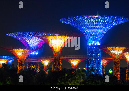 Licht und Musik show namens OCBC Garden Rhapsody, leuchten die Supertrees im Gardens By The Bay Marina Sands, Singapur. Stockfoto