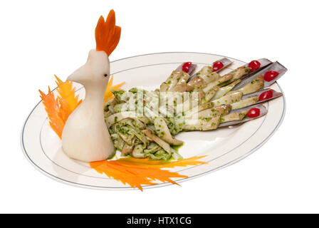 Razor Clam w. Lauch Pesto in Form eines Pfau Stockfoto