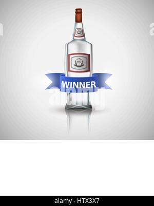 Eine Flasche Wodka mit blauem Band, isoliert auf weiss. Poster oder Broschüre Vorlage. Stock Vektor