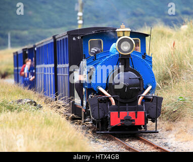 "Sherpa" Köpfe in Richtung Penrhyn Punkt auf Fairbourne Railway Fairbourne Railway, Fairbourne, Wales, Europa Stockfoto