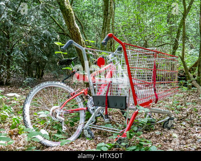 Rotes Fahrrad- und Warenkorb Trolley in verwilderten Wald, London, England, UK aufgegeben Stockfoto