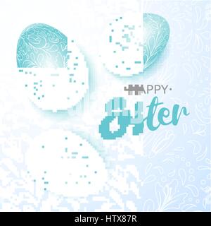 Happy Easter Plakat blau drei Eiern mit Handzeichnung Blumenmuster Stock Vektor