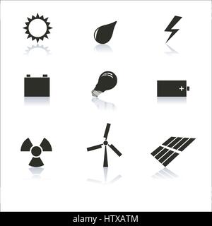 Setzen Sie Energie Symbole grau mit einem Spiegelbild, Vektor-Illustration. Stock Vektor