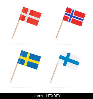 Skandinavische Mini Flaggen. Flagge Norwegen, Schweden, Finnland und Dänemark Stockfoto