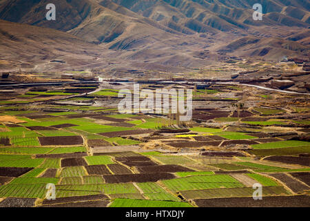 Landwirtschaft Atlas Tallandschaft, Marokko. Panorama Blick auf fruchtbaren Tal. Stockfoto