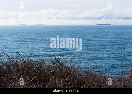 Frachtschiffe auf Juan de Fuca Strait von Dallas Straße. Victoria, BC. Kanada Stockfoto