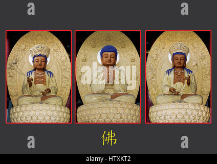 China, Kloster Tempel der Seele Rückzug. Buddha-Skulpturen in Huayan Halle - der Buddha der Vergangenheit, präsentieren Buddha und der Buddha der Zukunft. Stockfoto