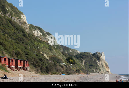 Strandhütten und die Klippen zwischen Branscombe und Bier Kopf, Devon, Blick nach Osten vom Branscombe Strand an einem sonnigen Tag mit blauem Himmel Stockfoto