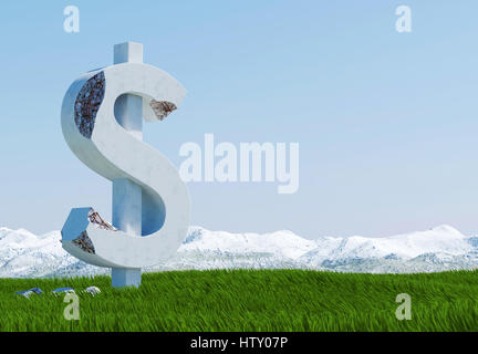 Beschädigte Beton Dollarzeichen Statue auf Rasen Wiese mit verschneiten Bergen und blauem Himmel als Hintergrund isoliert Stockfoto