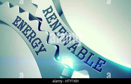 Erneuerbare Energien - Text über den Mechanismus des Metal Zahnrad Zahnräder. 3D. Stockfoto