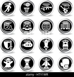Spiele-Genre-Icons auf stilvolle Runde verchromte Tasten Stock Vektor