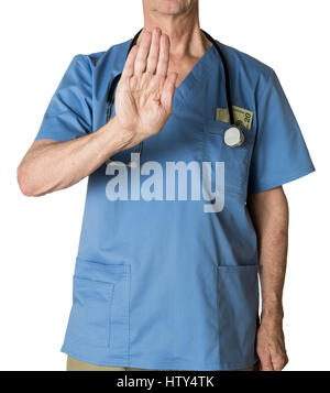 Leitender Arzt in Scrubs Einreiseverweigerung Stockfoto