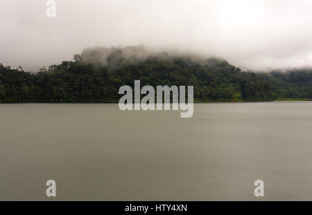 Niedrige Wolken Nebel über den Baumwipfeln über eine Szene noch ruhige See. Stockfoto