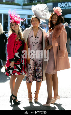 Racegoers kommen vor Ladies Day am zweiten Tag der 2017 Cheltenham Festival in Cheltenham Racecourse. Stockfoto