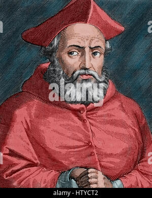 Gasparo Contarini (1483-1542). Italienischer Diplomat, Kardinal und Bischof von Belluno, einer der ersten Verfechter des Dialogs mit den Protestanten nach der Reformation. Porträt. Gravur. Farbige. Stockfoto