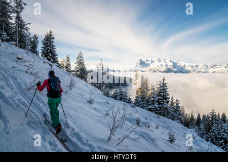 Frau auf Skiern, Salzburg, Österreich Stockfoto