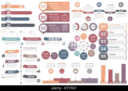 Satz von Elementen der Infografik - Balkendiagramme, Timelines, Kreisdiagramm, Flussdiagramm, Objekte mit Prozenten, zahlen, Text und Symbole, Geschäft Infografiken Stockfoto