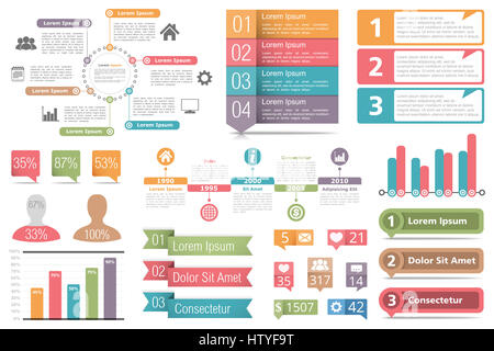 Satz von Elementen der Infografik - Kreisdiagramm, Balkendiagramme, Objekte mit Zahlen und Prozente, Timeline, Knöpfe Stockfoto