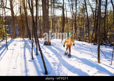 Zwei jungen, Schneeschuhwandern durch Birkenwald Stockfoto