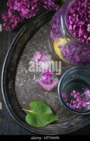 Glas und Krug mit lila Limonade Wasser mit Zitrone, Eiswürfel mit lila Blumen und Flieder Zweig auf Vintage Eisen Tablett über schwarzer Holztisch. Dunkel Stockfoto
