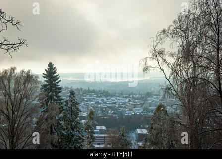 Blick auf Holmenkollen über Bäume und Wolken im winter Stockfoto