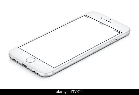 Weiße mobile Smartphone Mock-up im Uhrzeigersinn gedreht, liegt auf der Oberfläche mit unbelegten Schirm isoliert auf weißem Hintergrund. Stockfoto