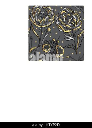 Nahtlose Muster mit Bild eine goldene Pfingstrose Blumen auf einem grauen Hintergrund. Stock Vektor