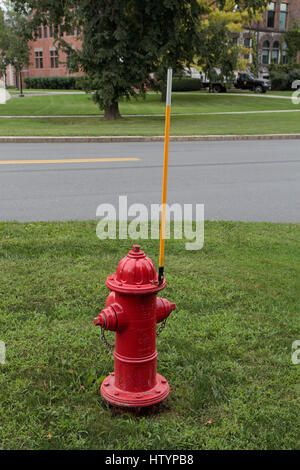 Leuchtend roten Hydranten mit gelben Marker Pole in Williamstown, Berkshire County, Massachusetts, USA. Stockfoto