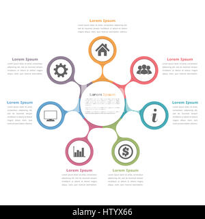 Kreisdiagramm mit sieben Elementen mit Symbolen und Text, Flussdiagramm Vorlage, Geschäft Infografiken Stockfoto