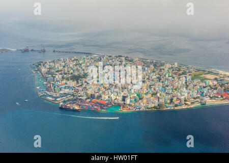 Malediven, Flug über die Insel auf männlichen im Indischen Ozean. Stockfoto